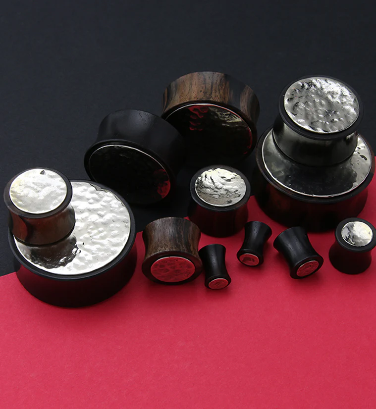 Hammered White Brass Inlay Areng Wood Plugs - Image 3