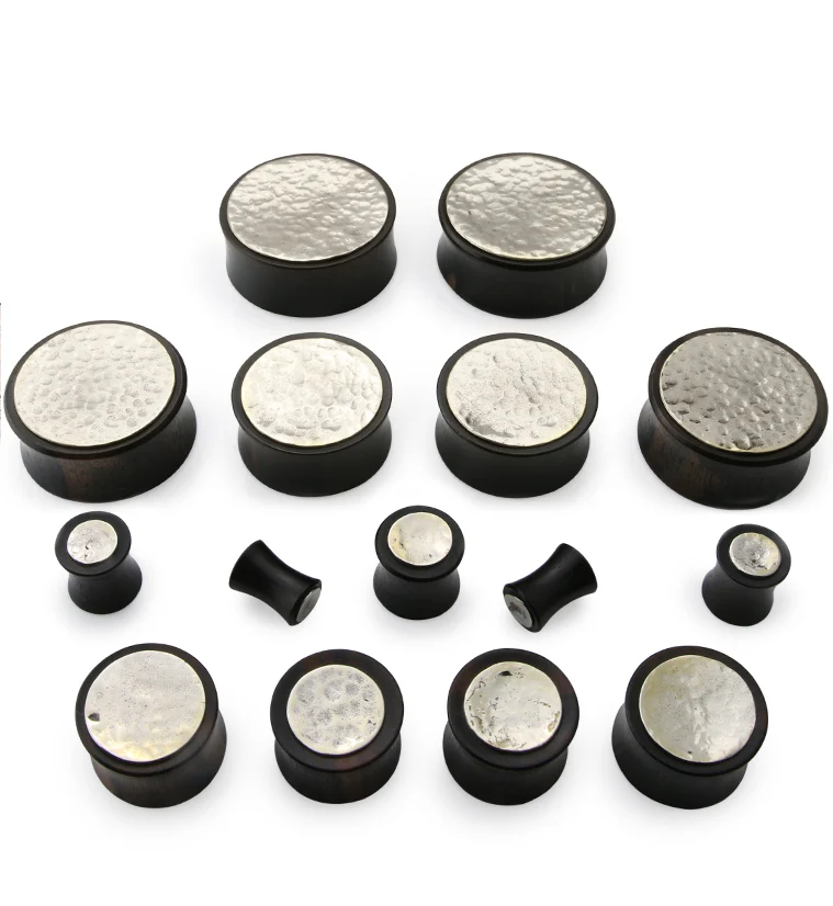 Hammered White Brass Inlay Areng Wood Plugs - Image 4