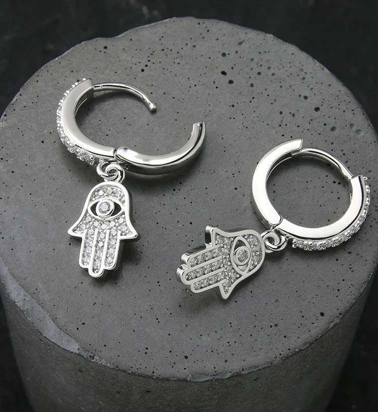 Hamsa Hand CZ Stainless Steel Hoop Earrings - Image 2