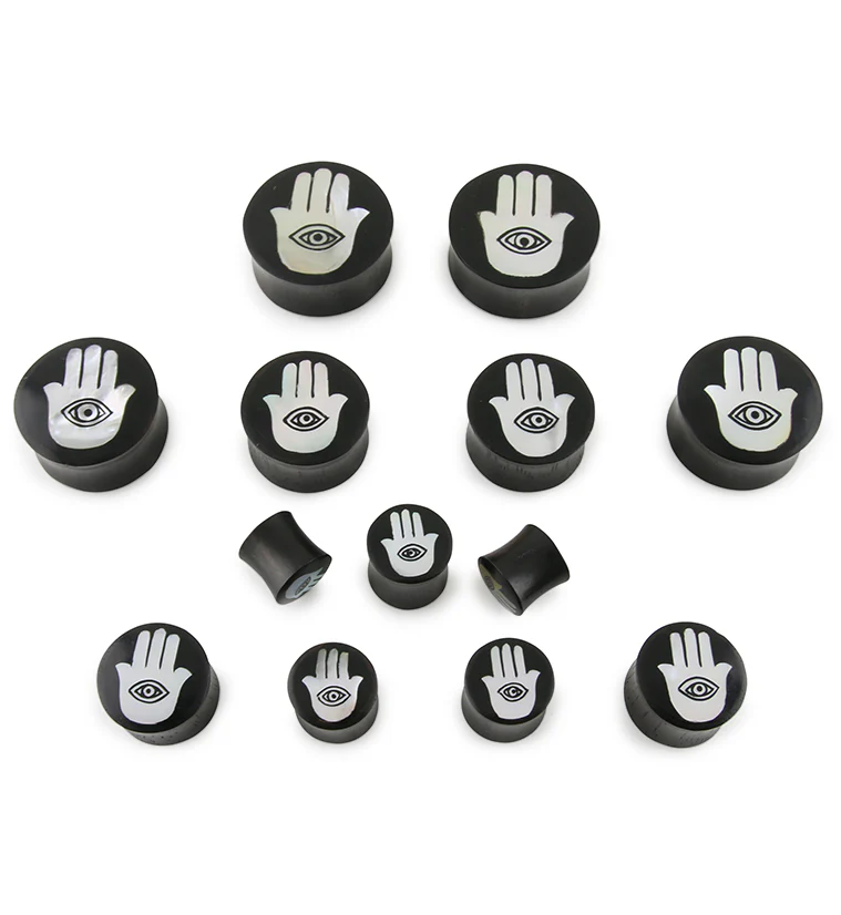 Hamsa Hand MOP Inlay Sono Wood Plugs - Image 2
