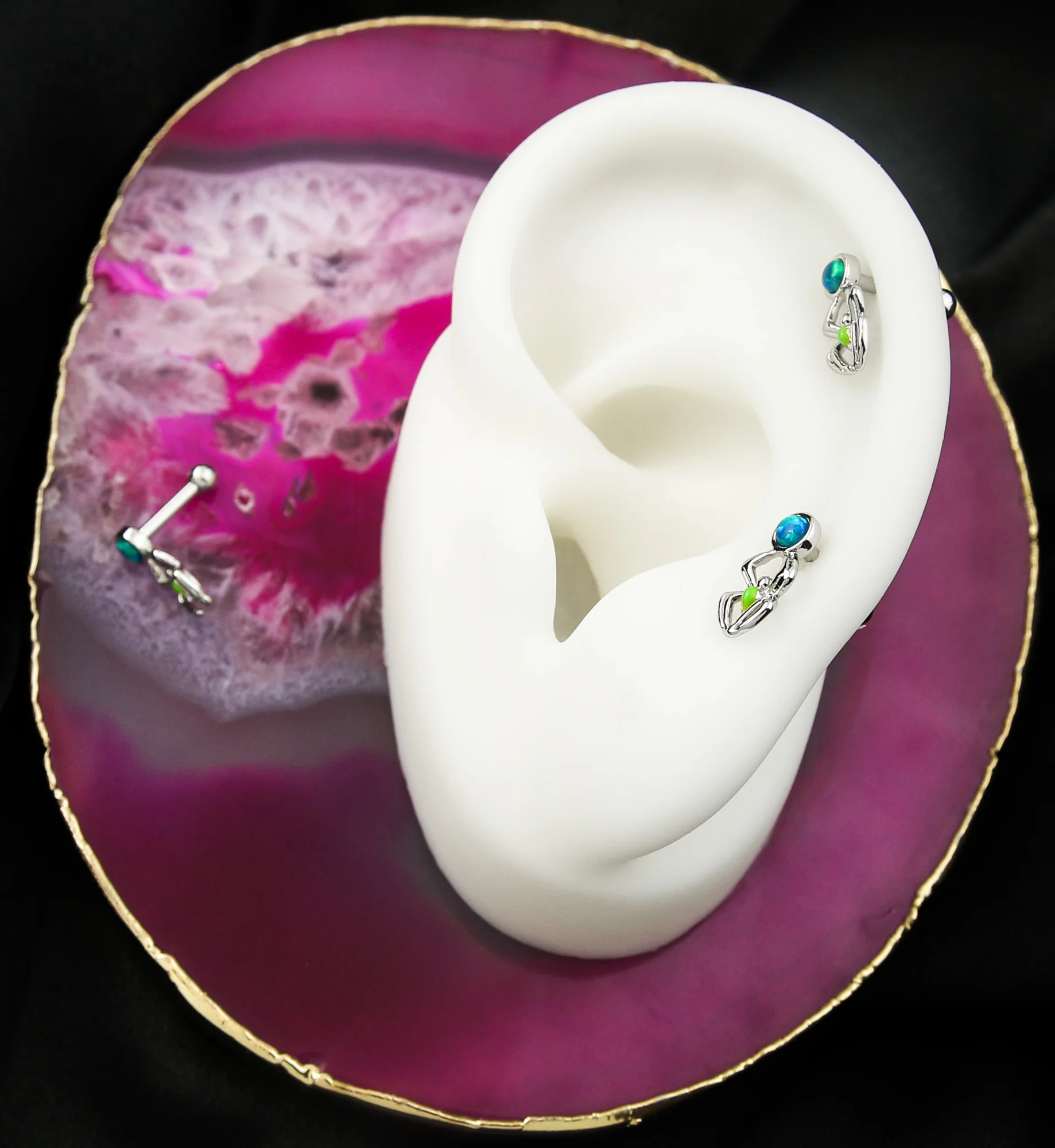 Hanging Spider Blue Opalite Stainless Steel Cartilage Barbell - Image 2