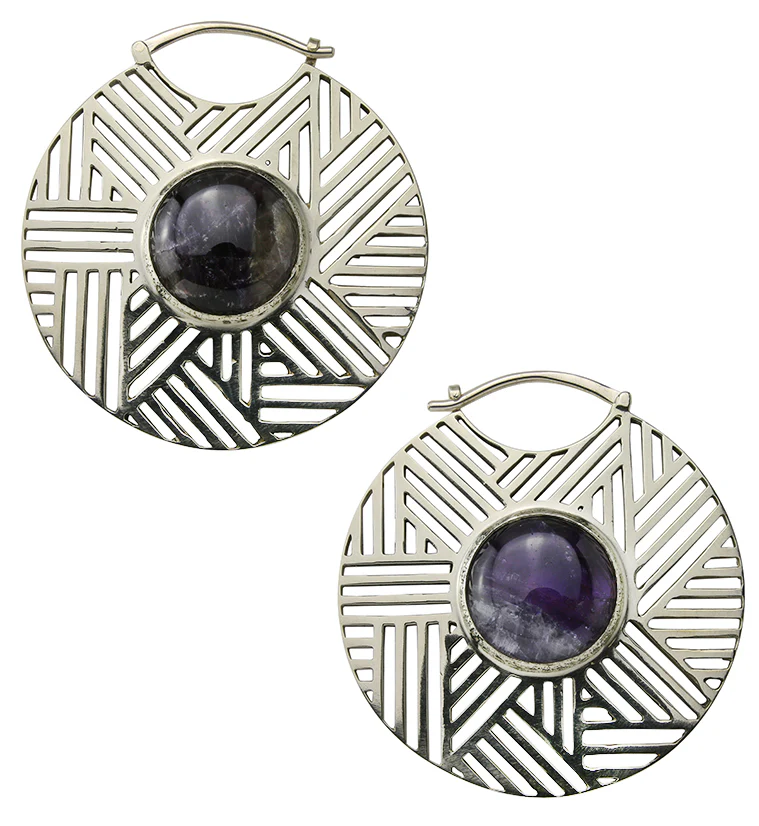 Haphazard Amethyst Stone White Brass Ear Weights