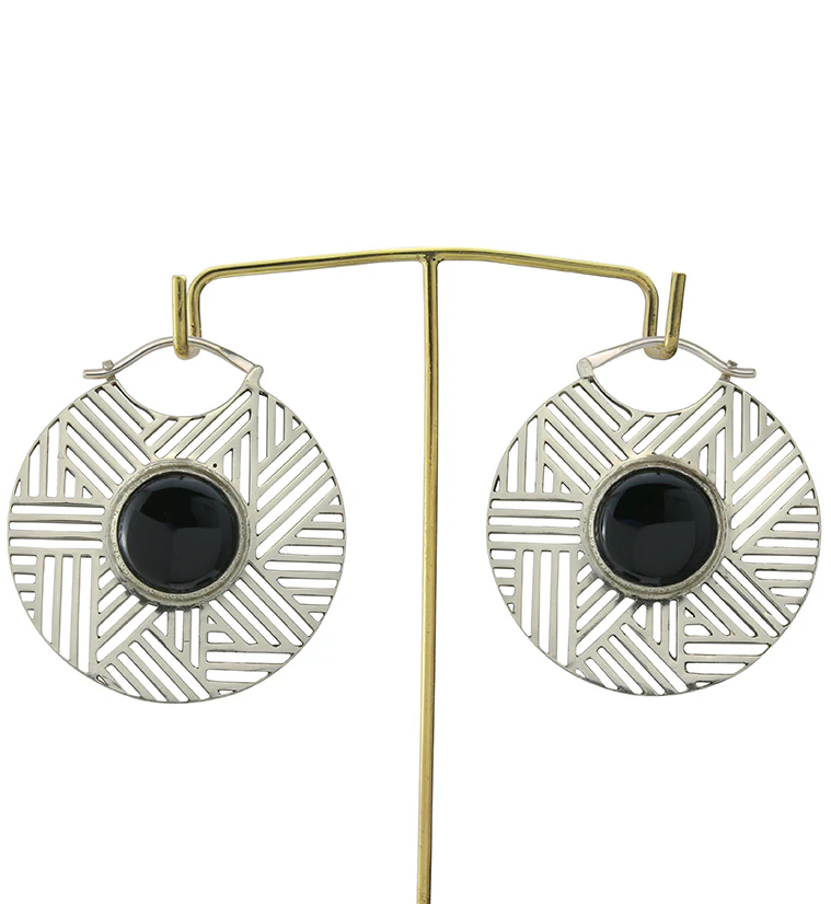 Haphazard Black Obsidian White Brass Ear Weights - Image 4