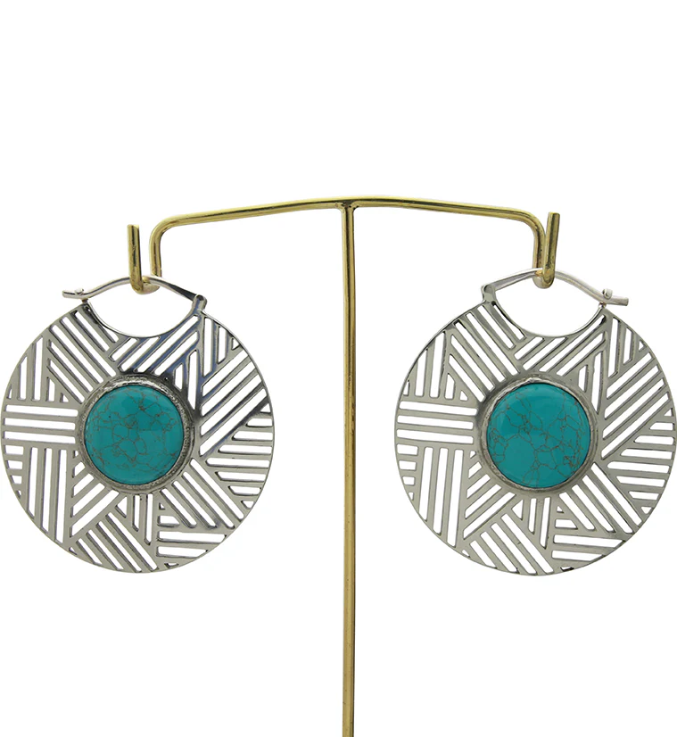 Haphazard Howlite Turquoise Stone White Brass Ear Weights - Image 3