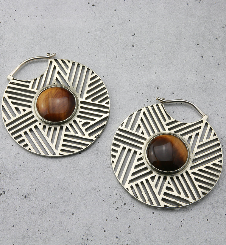 Haphazard Tigers Eye Stone White Brass Ear Weights - Image 2