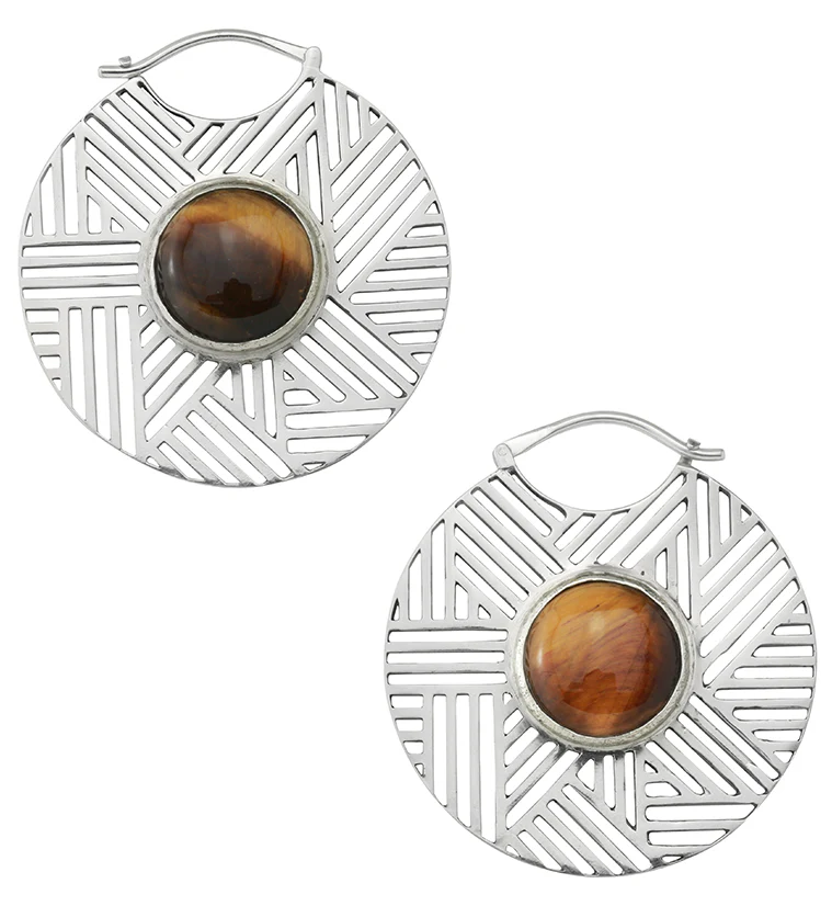 Haphazard Tigers Eye Stone White Brass Ear Weights - Image 3