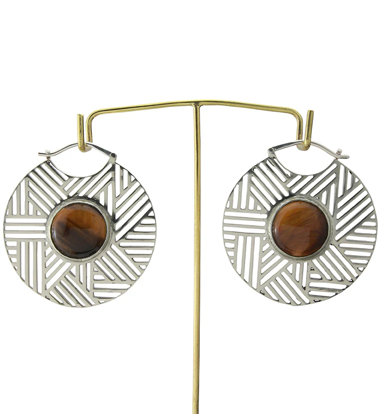 Haphazard Tigers Eye Stone White Brass Ear Weights - Image 4