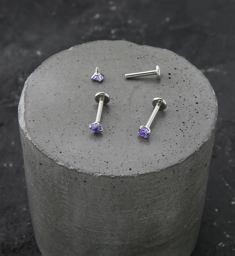 Heart Amethyst CZ Stainless Steel Internally Threaded Labret - Image 2