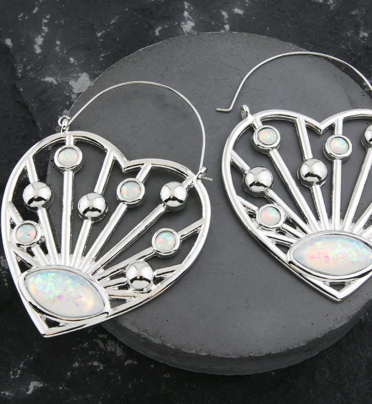 Heart Burst White Opalite Stainless Steel Plug Hoops - Image 2