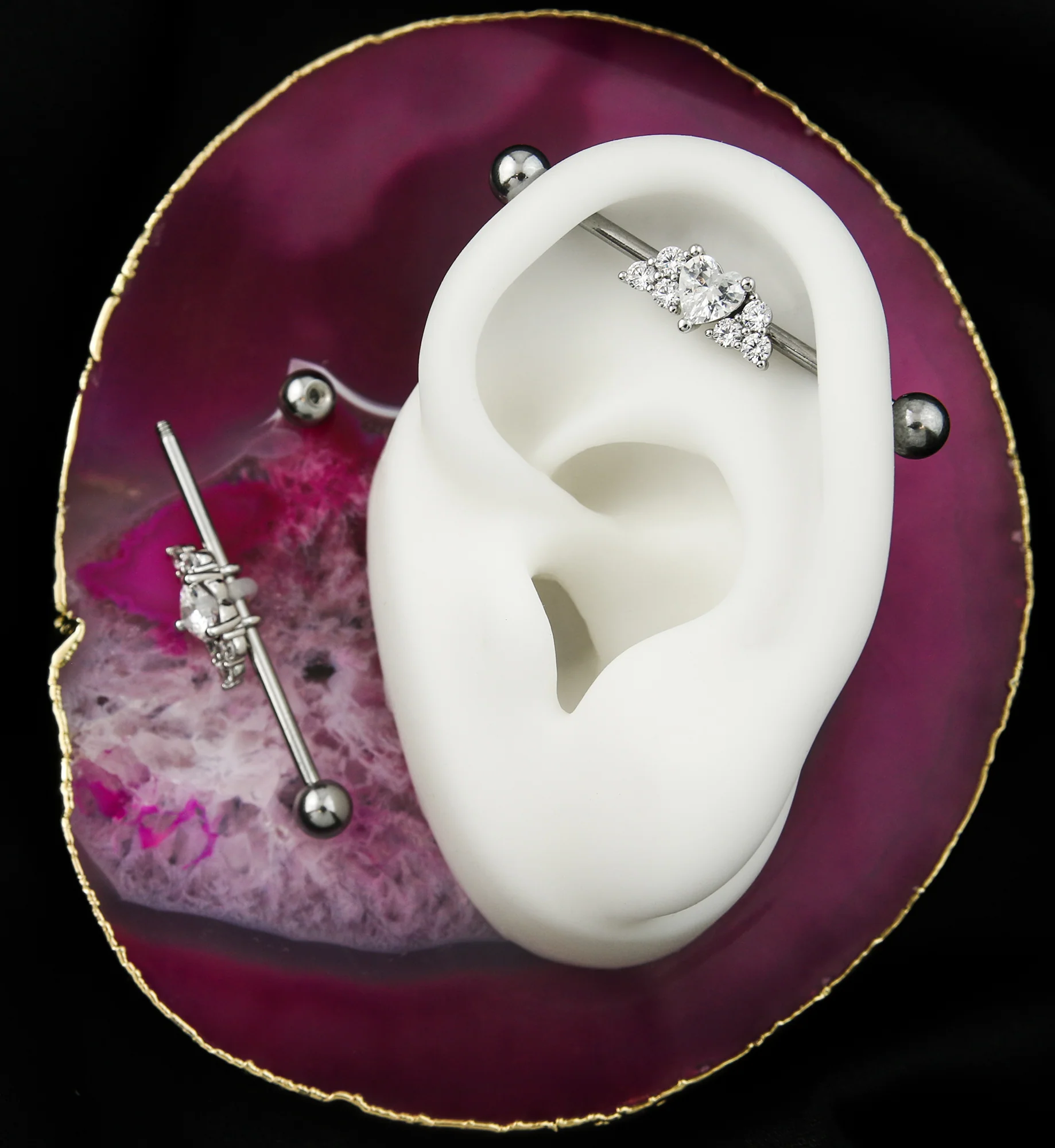 Heart Clear CZ Stainless Steel Industrial Barbell - Image 2