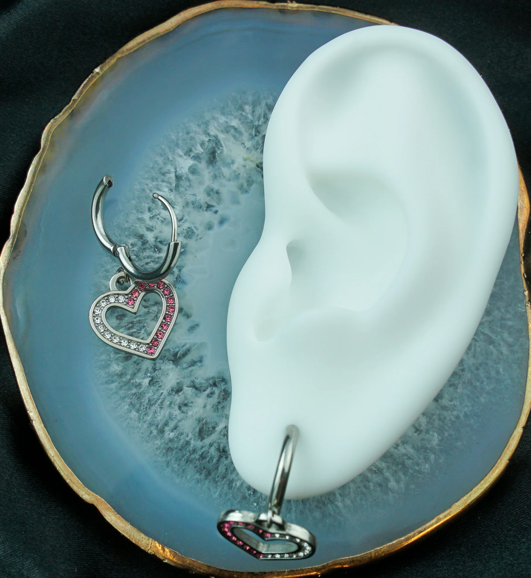 Heart Cutout Clear And Pink CZ Stainless Steel Hinged Earrings - Image 2