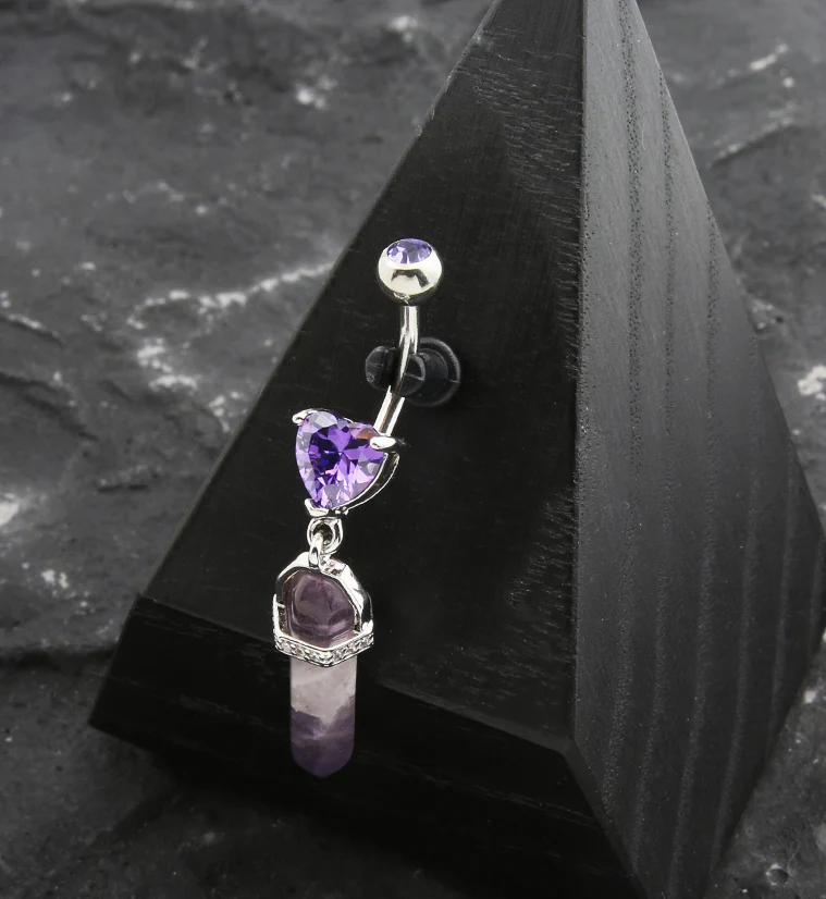 Heart CZ Purple Crystal Dangle Stainless Steel Belly Button Ring - Image 2