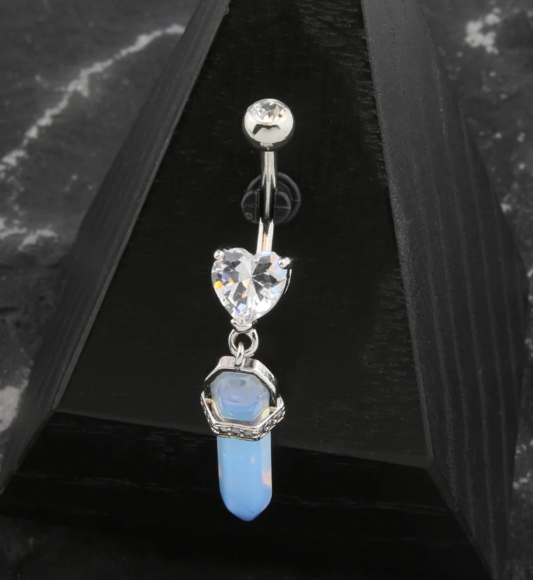 Heart CZ White Crystal Dangle Stainless Steel Belly Button Ring - Image 2