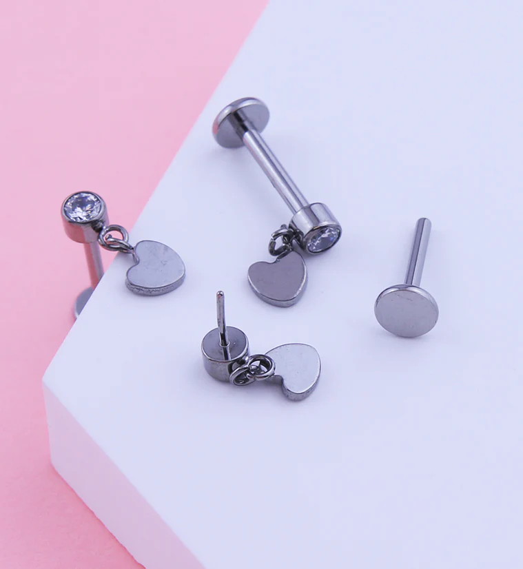 Heart Dangle Clear CZ Titanium Threadless Labret - Image 2
