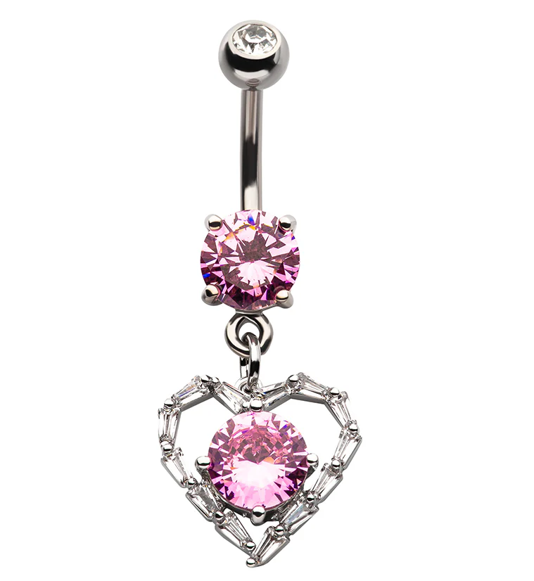 Heart Dangle Pink CZ Stainless Steel Belly Button Ring