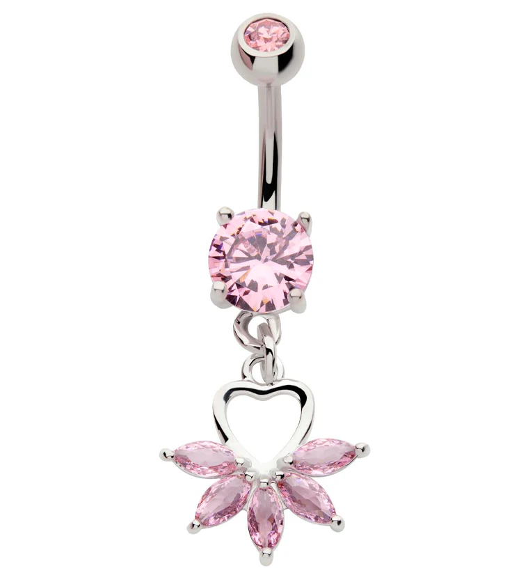 Heart Flower Dangle Pink CZ Stainless Steel Belly Button Ring