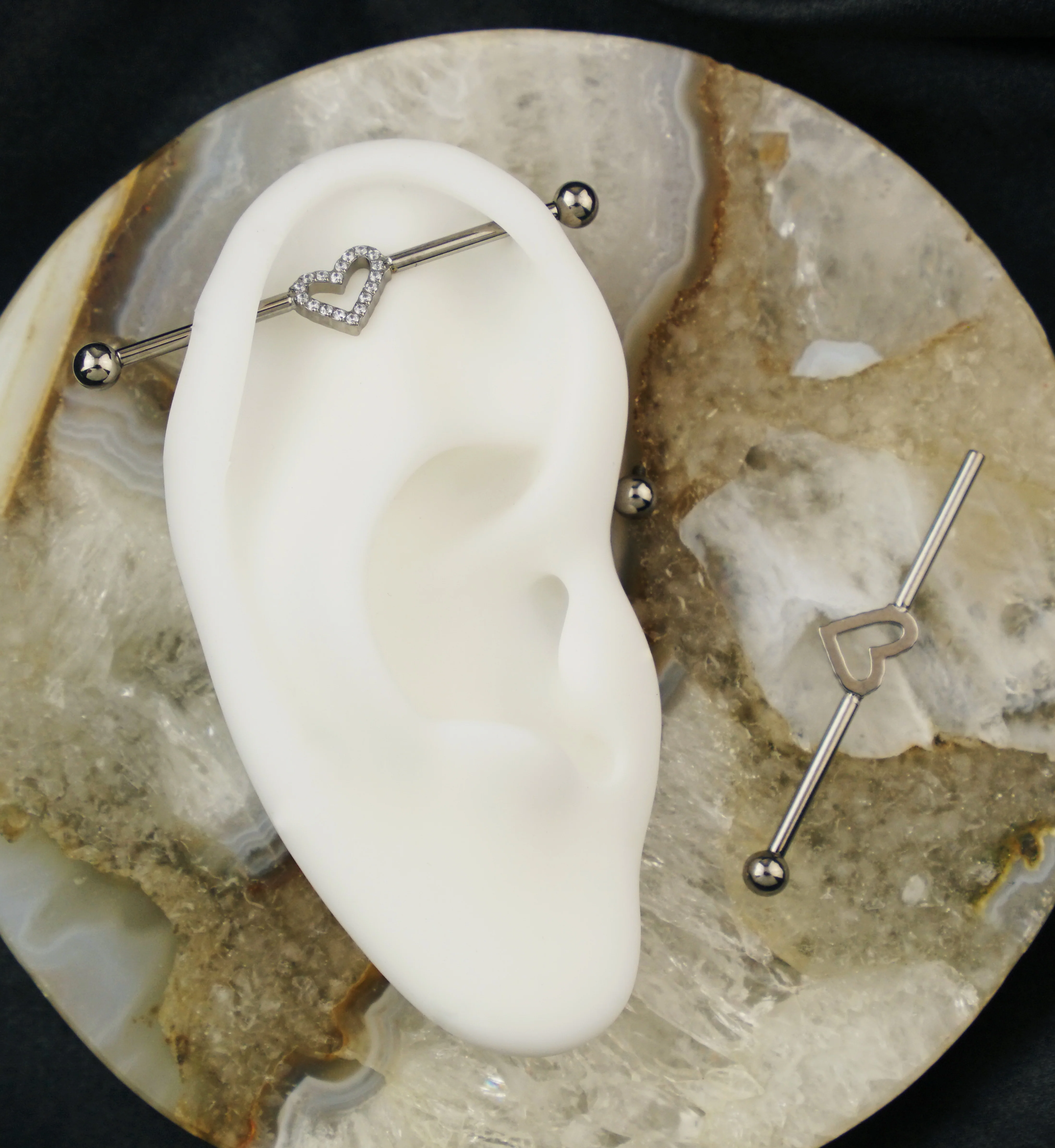 Heart Hollow Clear CZ Internally Threaded Titanium Industrial Barbell - Image 2