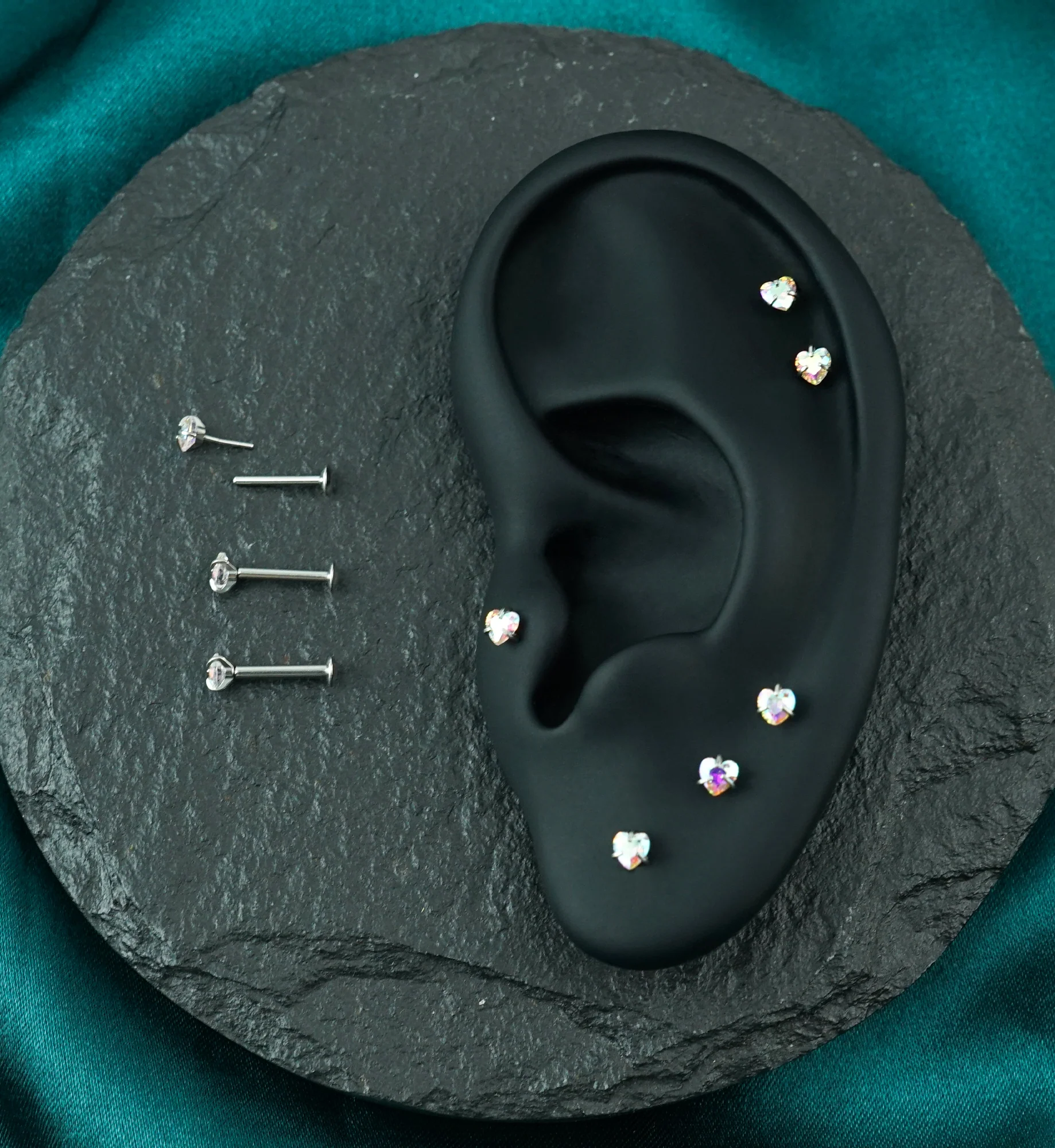 Heart Prong Rainbow Aurora CZ Stainless Steel Threadless Convex Disk Labret - Image 2