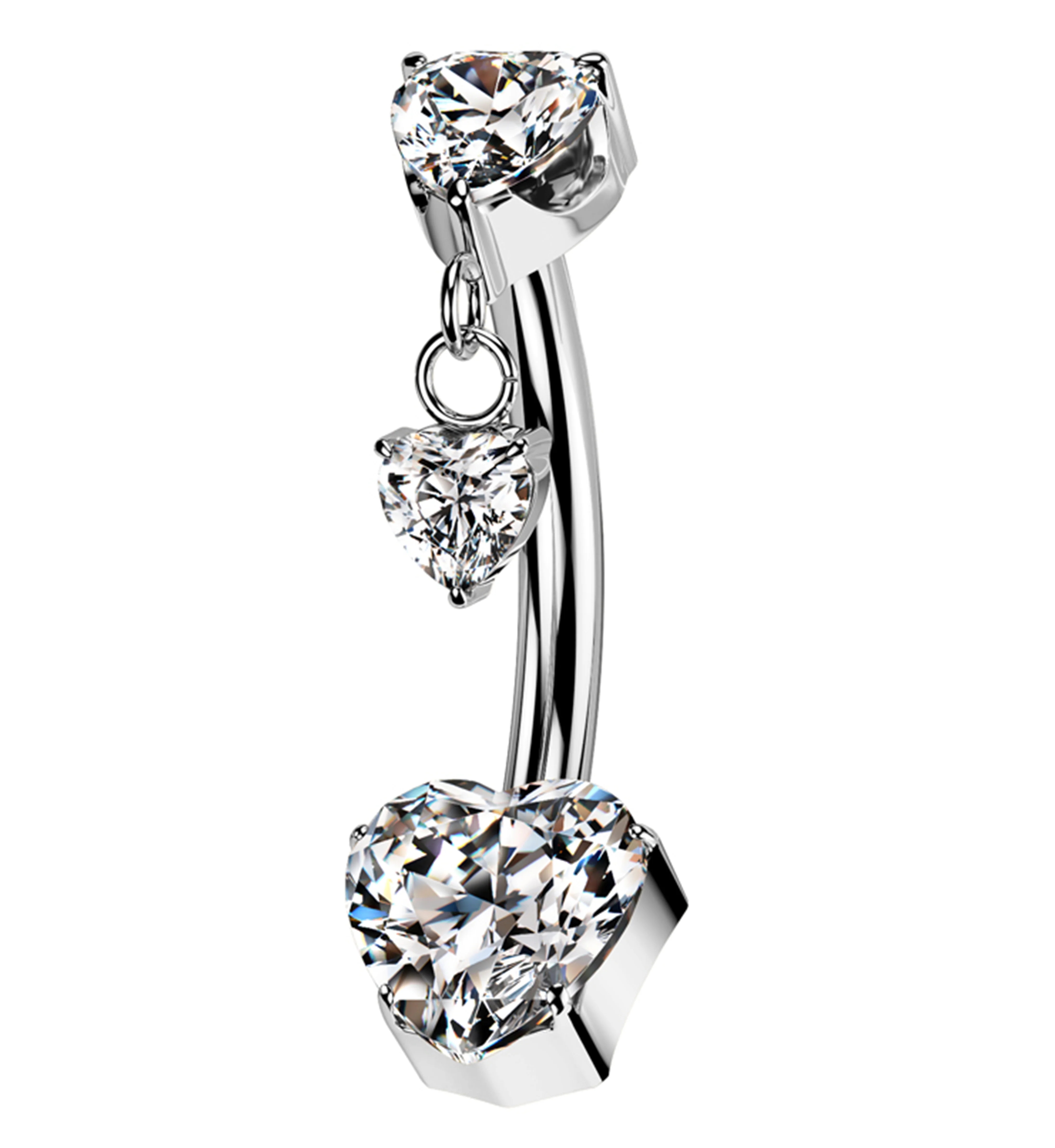 Hearts Dangle Clear CZ Titanium Threadless Belly Button Ring