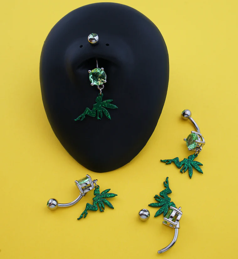 Hemp Leaf Fairy Green CZ Stainless Steel Belly Button Ring - Image 2