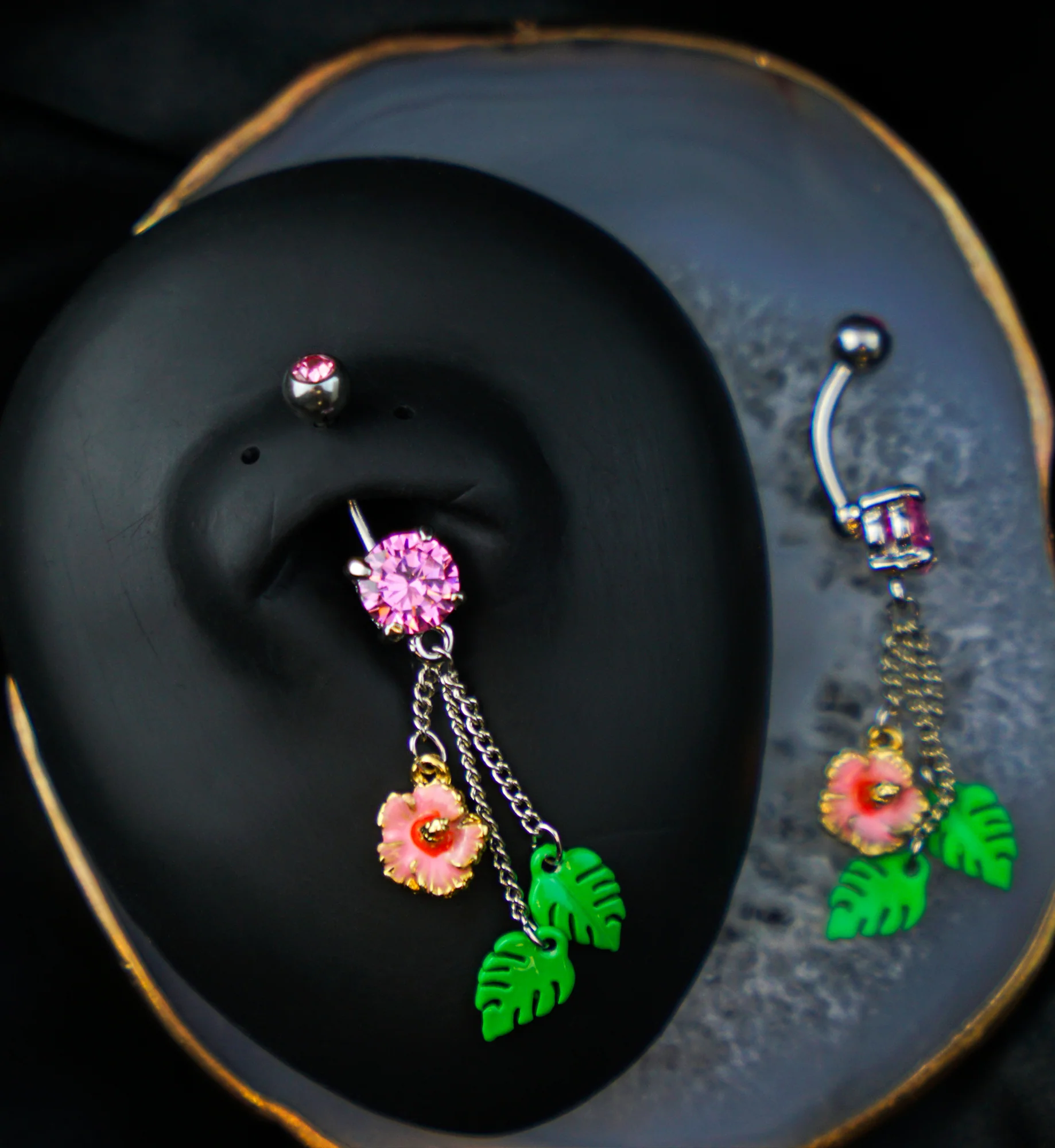 Hibiscus Flower Pink CZ Dangle Stainless Steel Belly Button Ring - Image 2