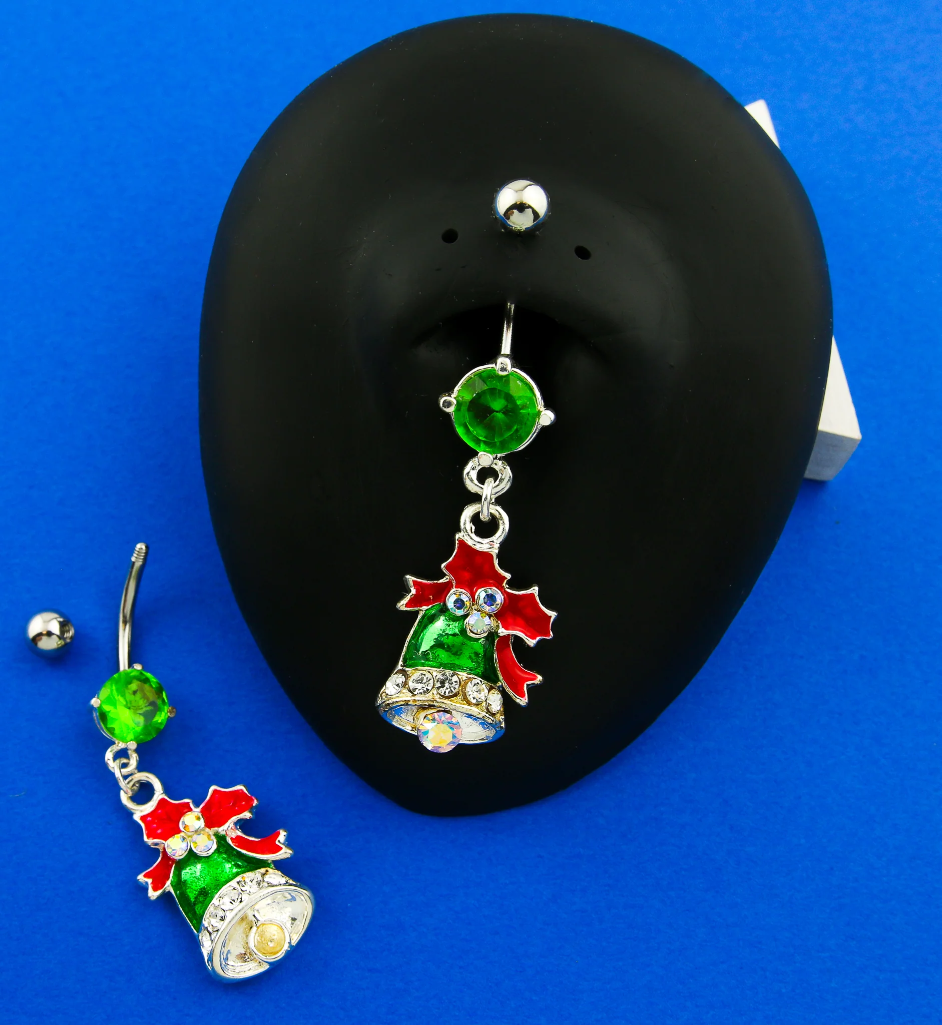 Holiday Bell Dangle Rainbow Aurora CZ Stainless Steel Belly Button Ring - Image 2