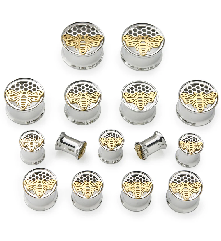 Honeycomb Bee Stainless Steel Double Flare Tunnel Plugs - Image 2