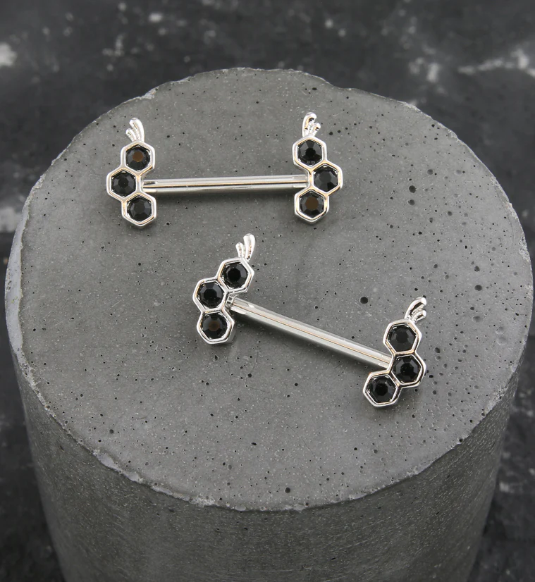 Honeycomb Drip Black CZ Stainless Steel Nipple Barbell - Image 2