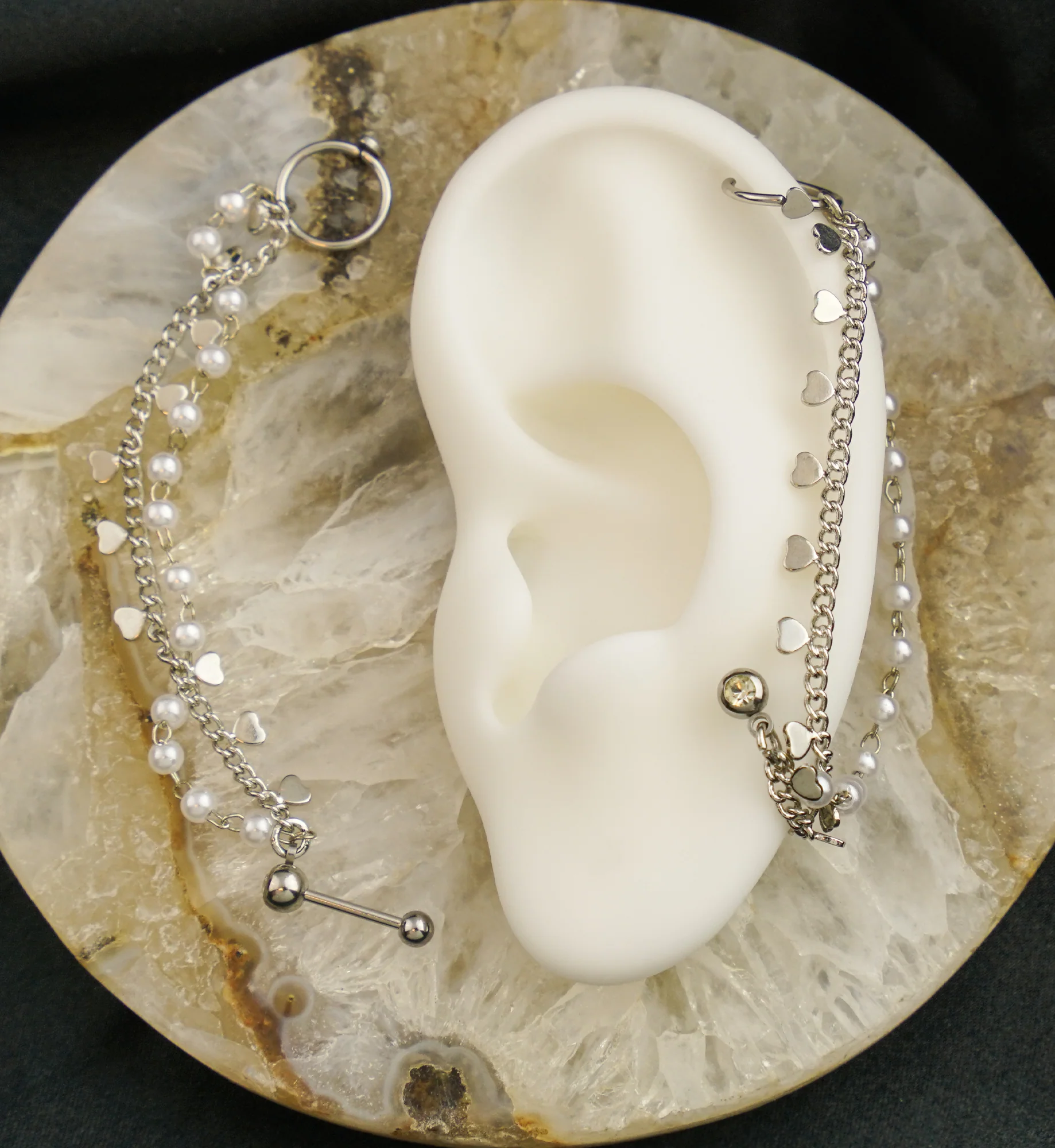 Hoop/Barbell Clear CZ Pearl And Heart Dual Piercing Chain - Image 2