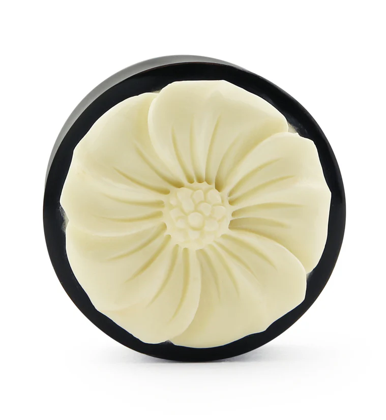 Horn Plugs With Carved Gardenia Flower Bone Inlay - Image 2