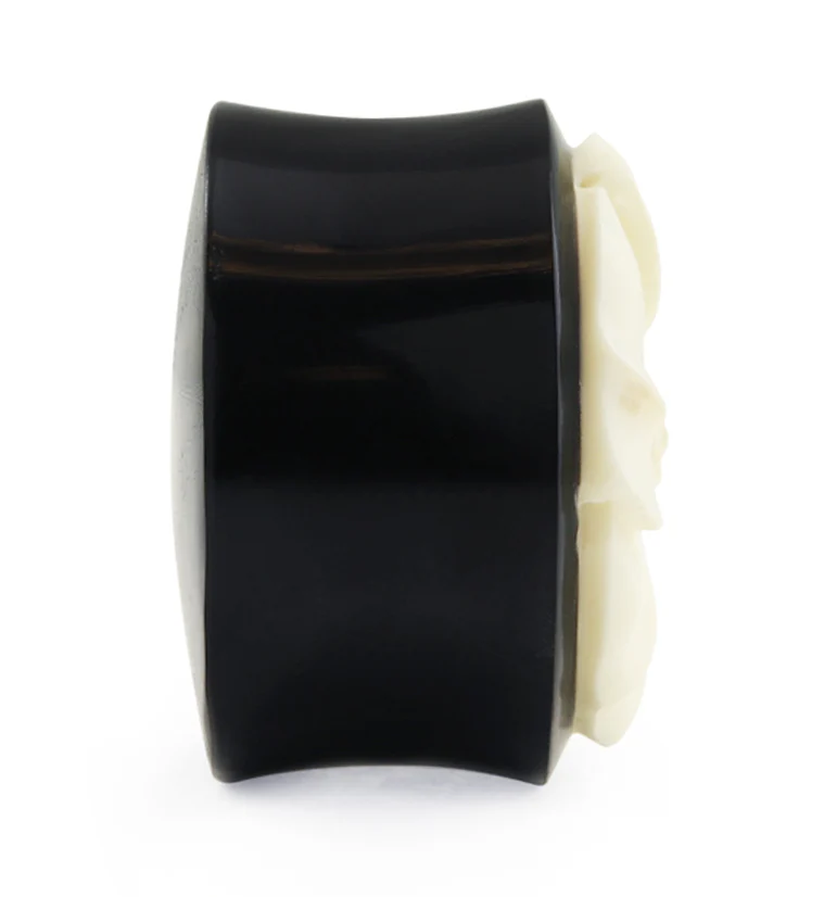 Horn Plugs With Carved Gardenia Flower Bone Inlay - Image 3