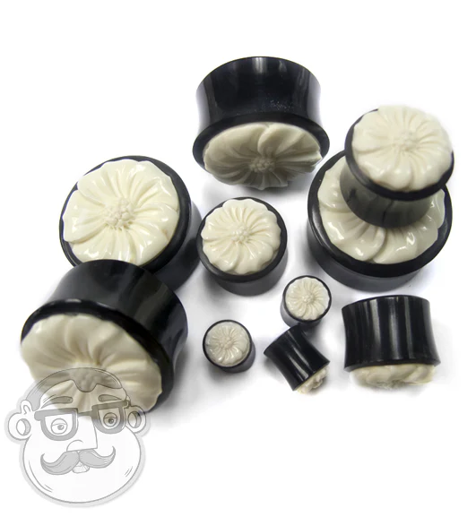 Horn Plugs With Carved Gardenia Flower Bone Inlay - Image 6