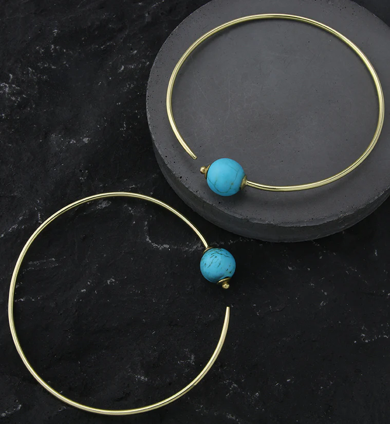 Howlite Turquoise Stone Orb Brass Hangers / Plug Hoops