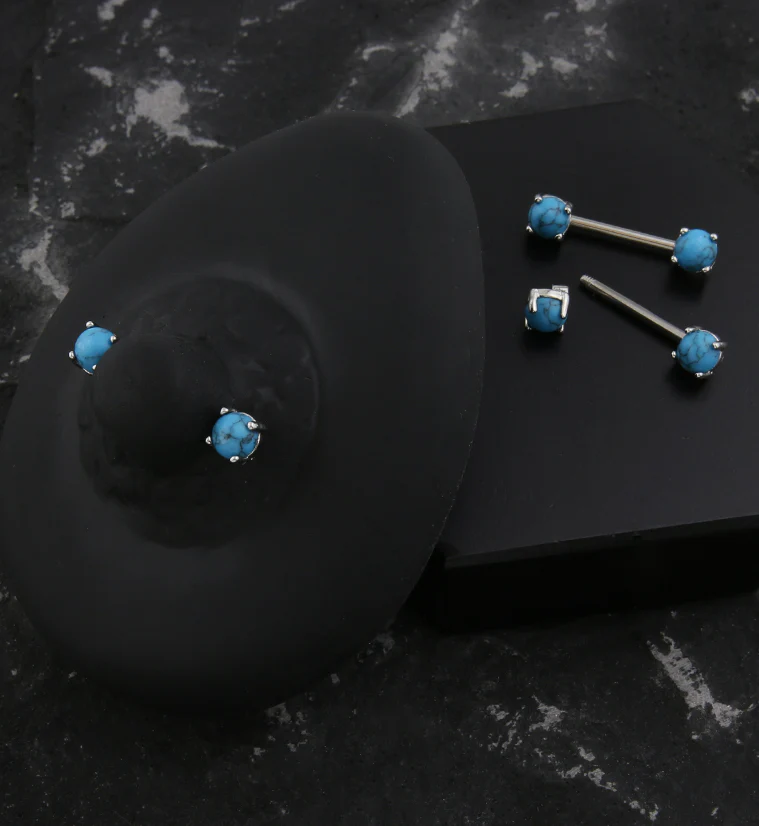 Howlite Turquoise Stone Prong Stainless Steel Nipple Barbell - Image 2