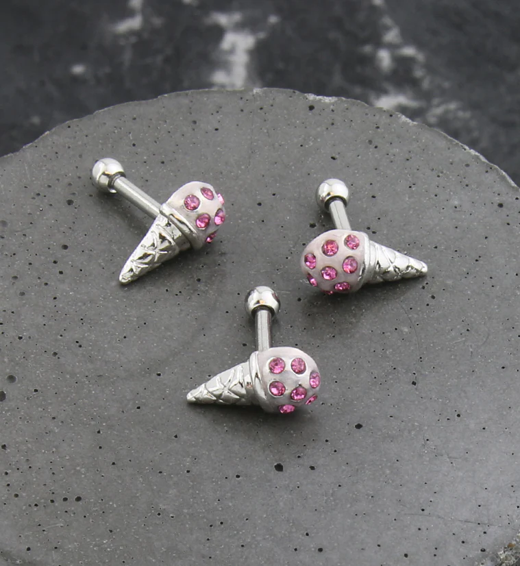 Ice Cream Cone Pink CZ Stainless Steel Cartilage Barbell - Image 2