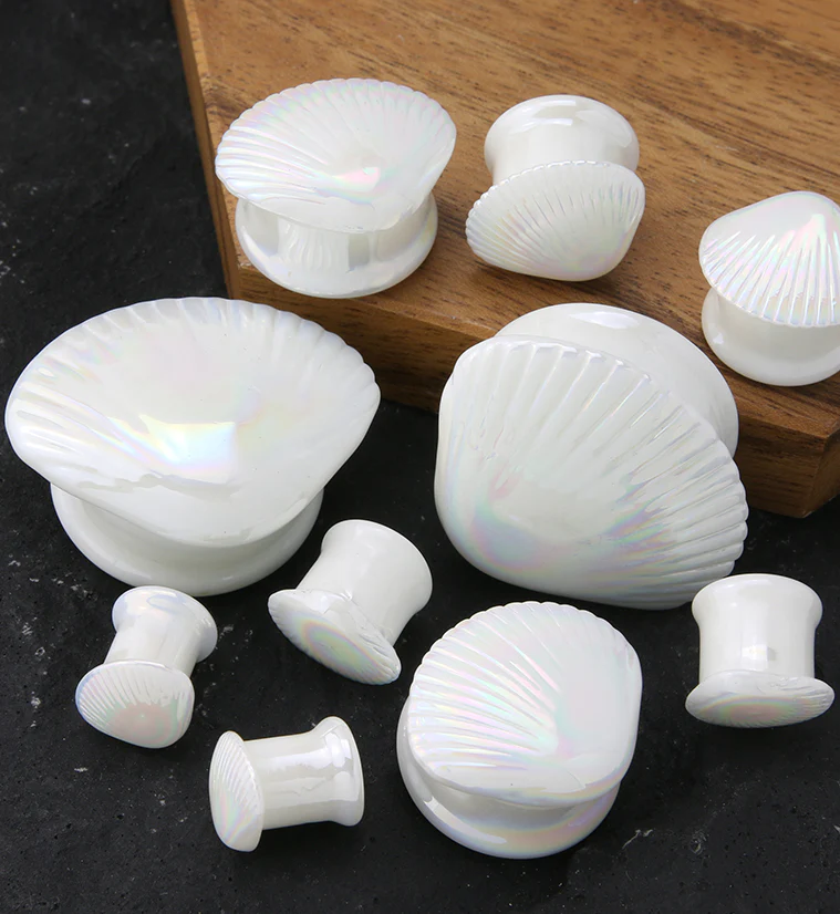 Iridescent Seashell Glass Double Flare Plugs - Image 2