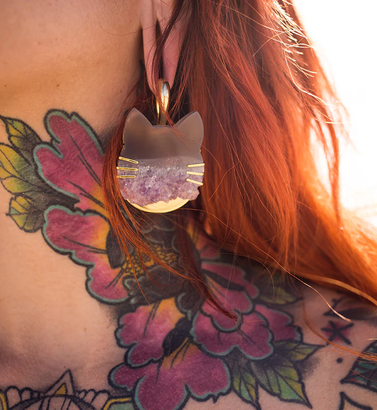 Kitty Cat Druzy Amethyst Brass Ear Weights - Image 3