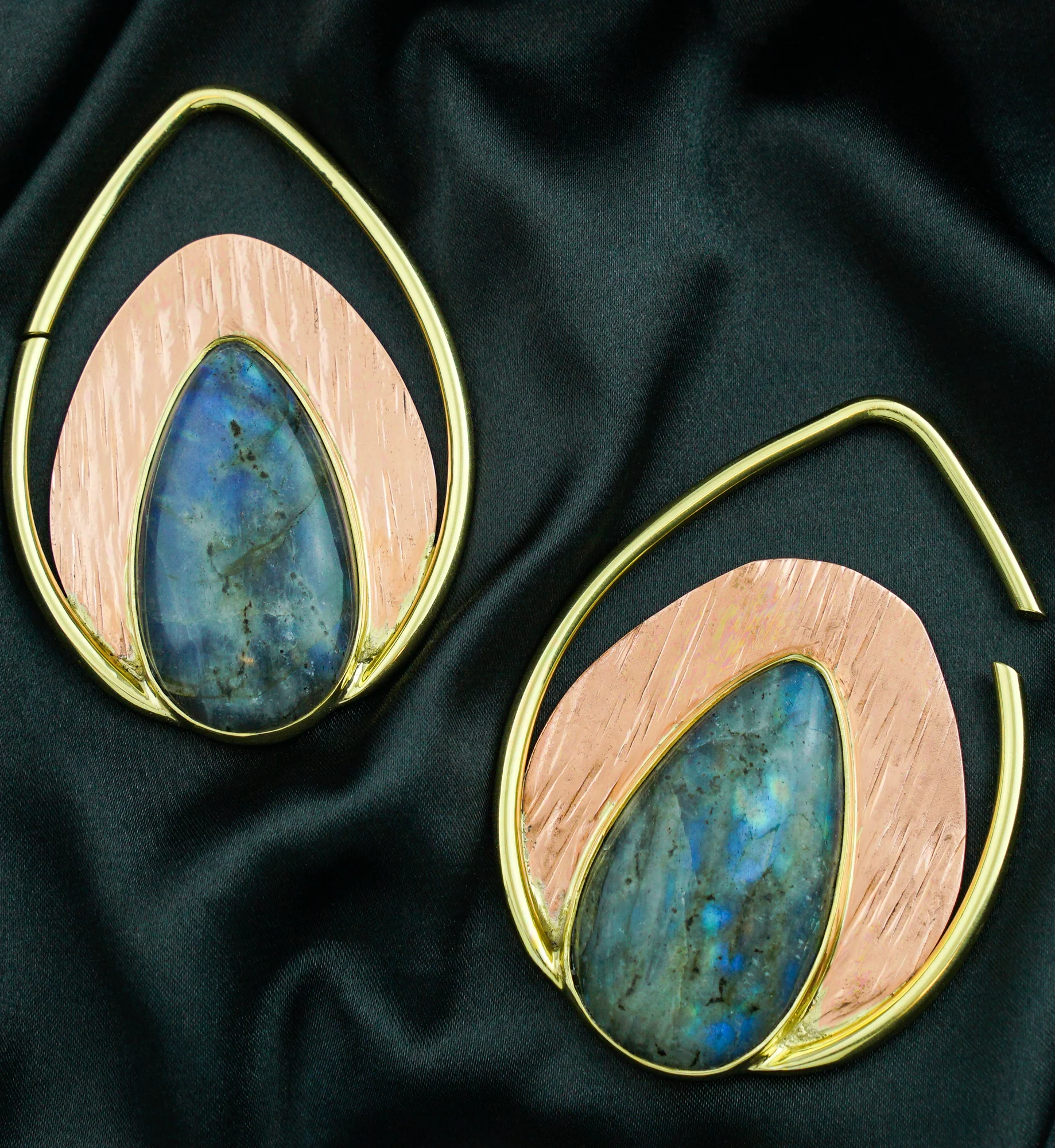 Labradorite Stone Rogue Brass Teardrop Ear Weights - Image 2