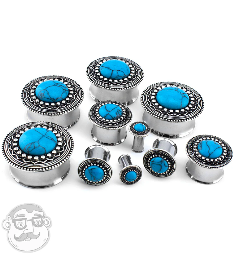 Lakota Shield With Turquoise Inlay Stainless Steel Plugs - Image 2