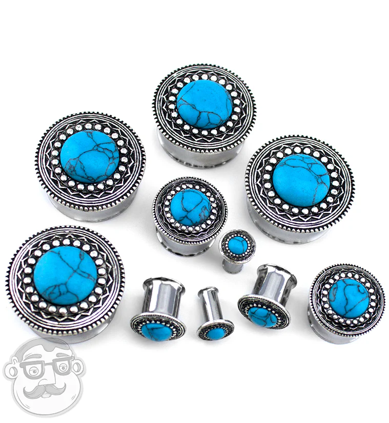 Lakota Shield With Turquoise Inlay Stainless Steel Plugs - Image 3