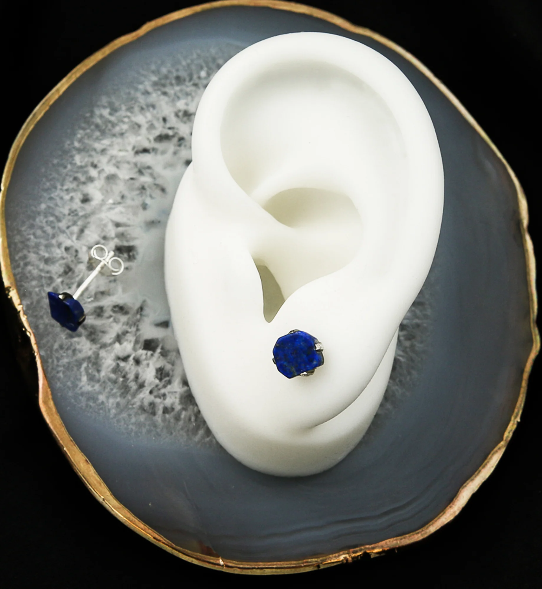Lapis Lazuli Stone Prong Set Sterling Silver Earrings - Image 2
