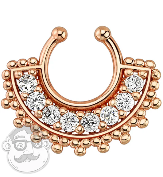 Large IP Rose Gold With Clear Gem Tribal Fan Fake Septum Ring Hanger