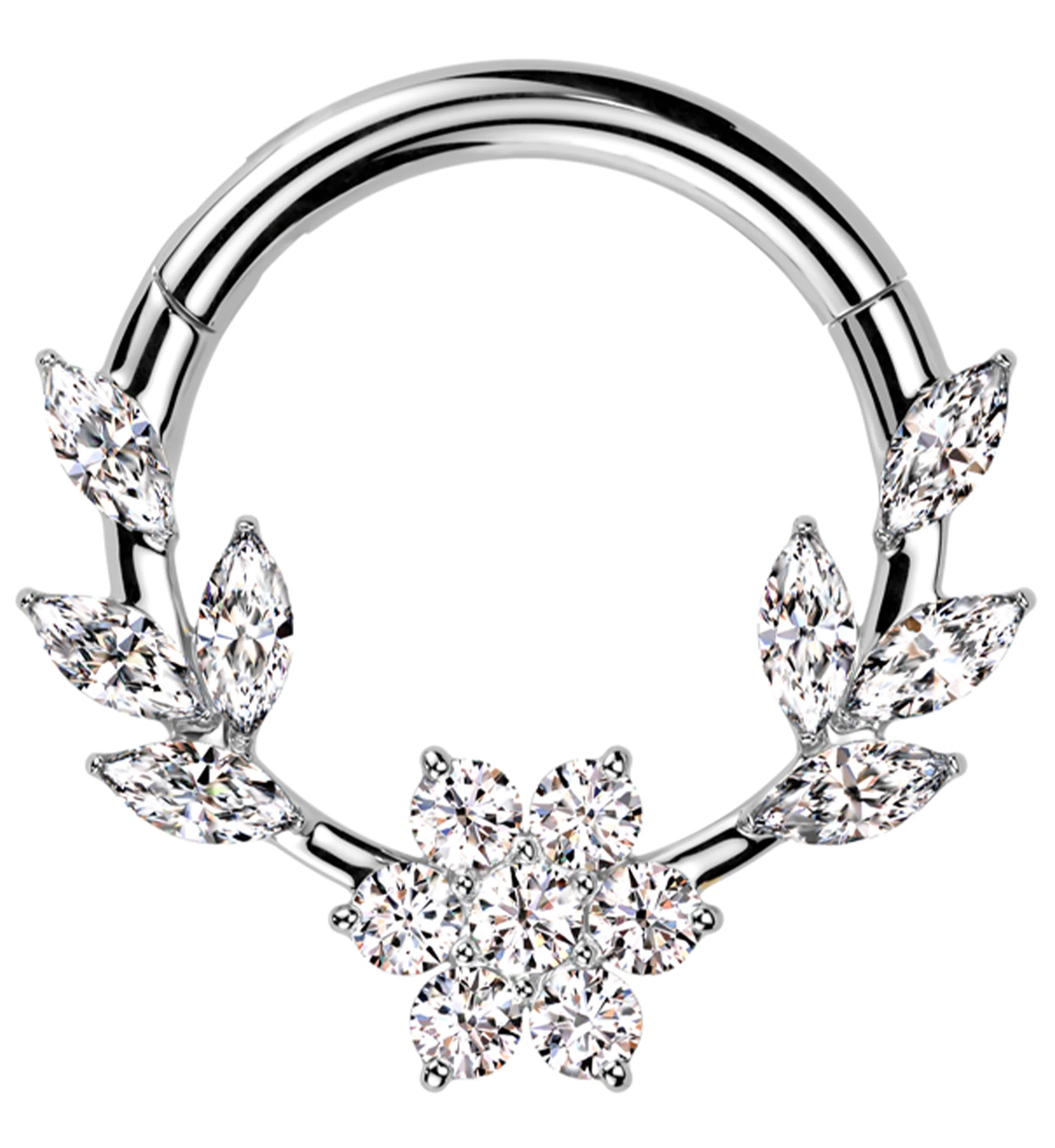 Laurel Flower Clear CZ Stainless Steel Hinged Segment Ring