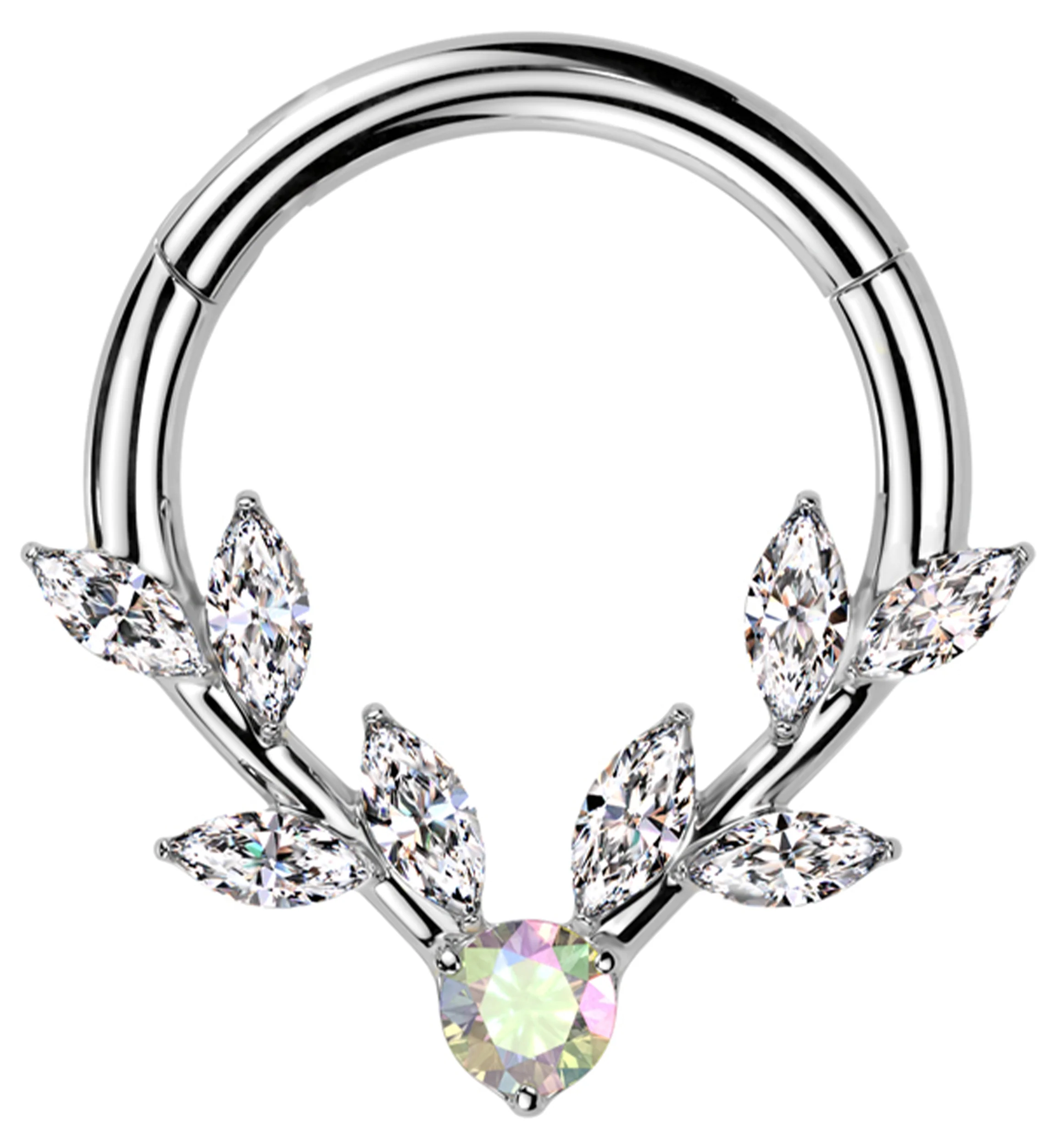 Laurel Vine Clear And Rainbow Aurora CZ Stainless Steel Hinged Segment Ring