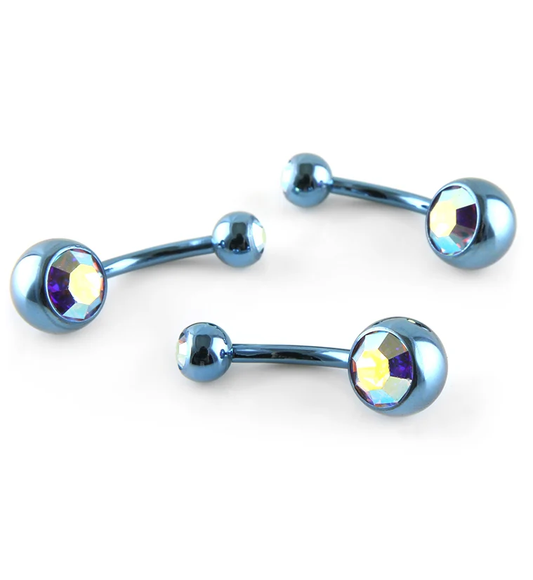 Light Blue Titanium Belly Button Ring - Rainbow CZ Gem