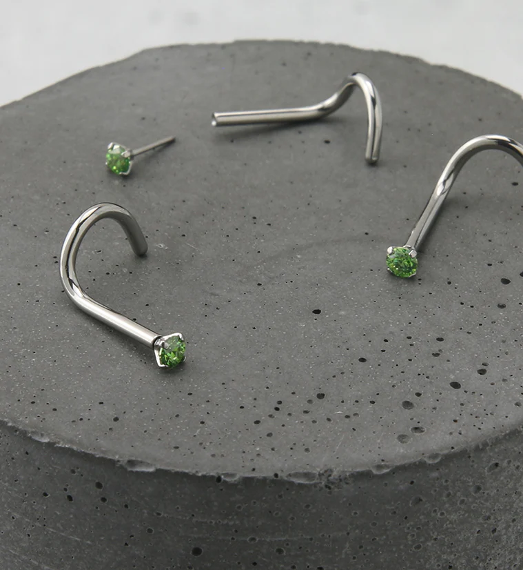 Green CZ Titanium Threadless Nose Screw Ring - Image 2