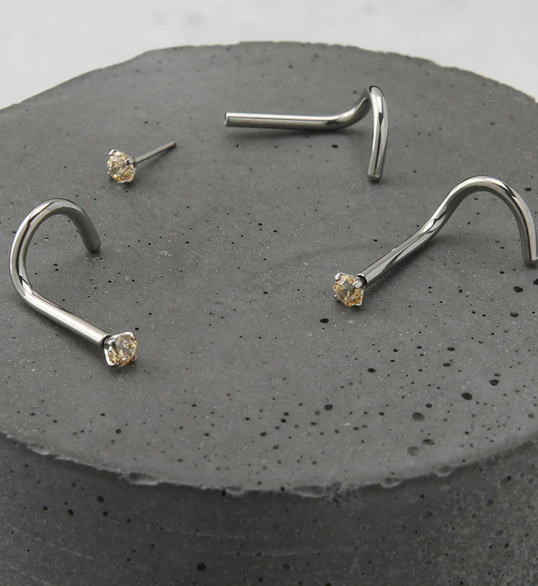 Light Topaz CZ Titanium Threadless Nose Screw Ring - Image 2