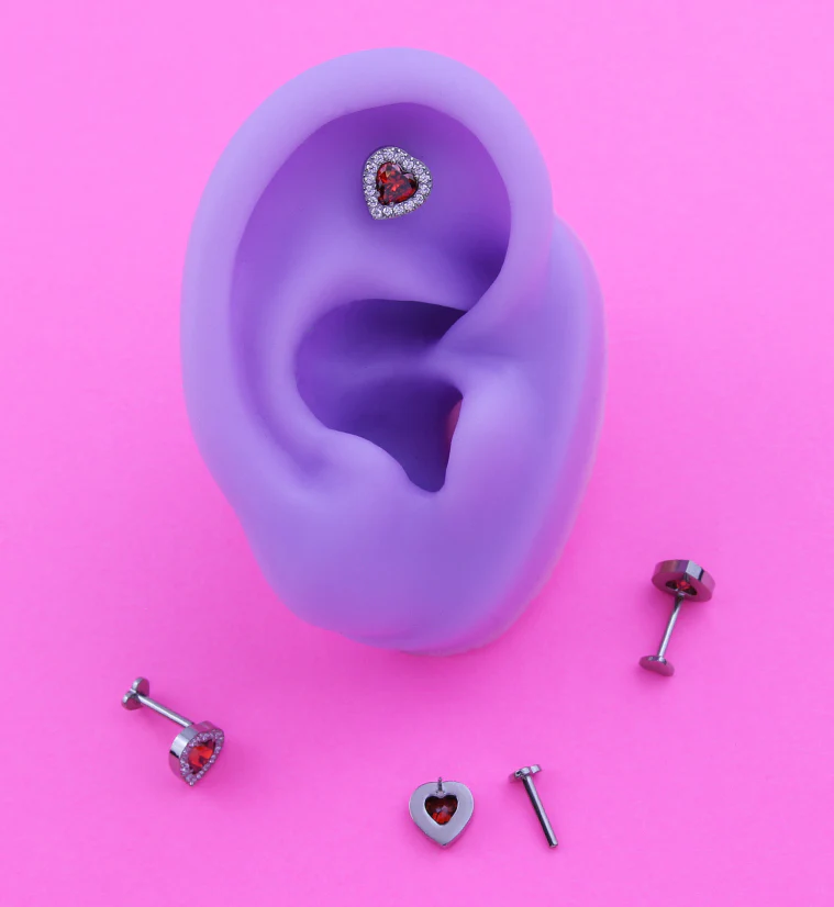 Lined Heart Red CZ Titanium Threadless Heart Back Labret - Image 2