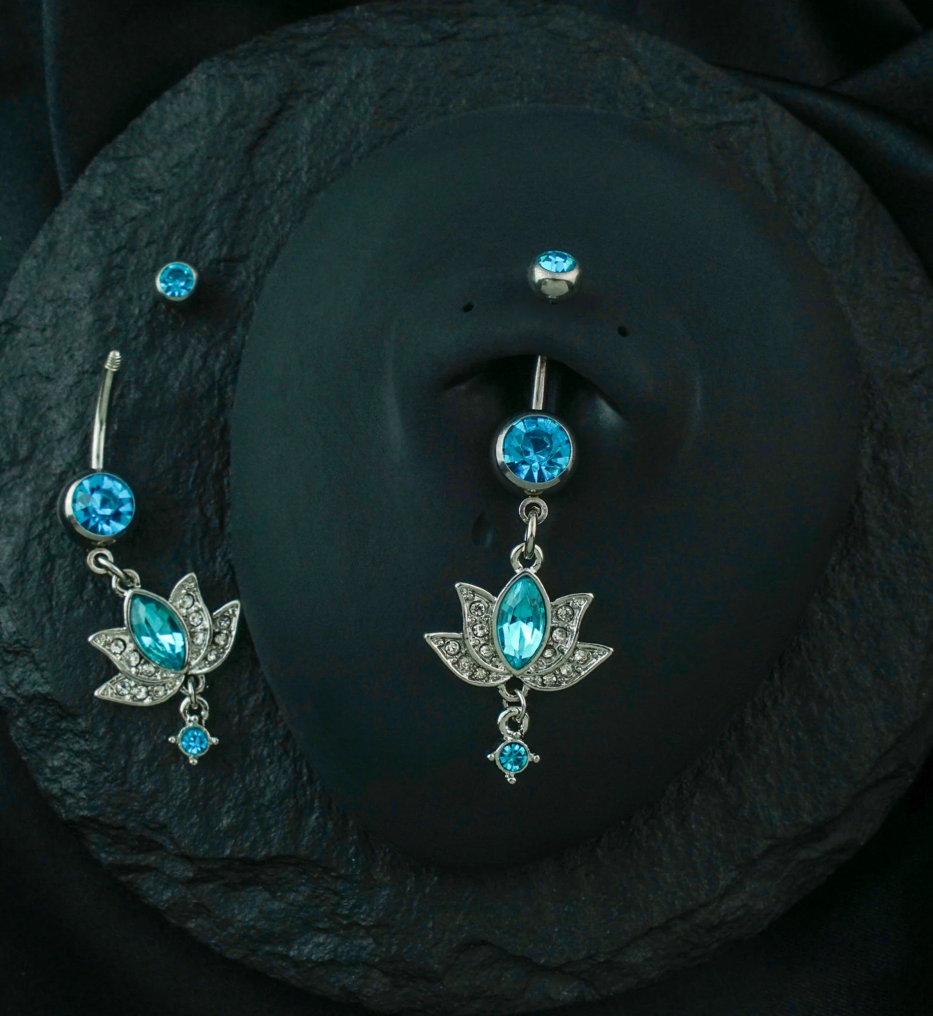 Lotus Flower Aqua Gem Belly Ring - Image 2
