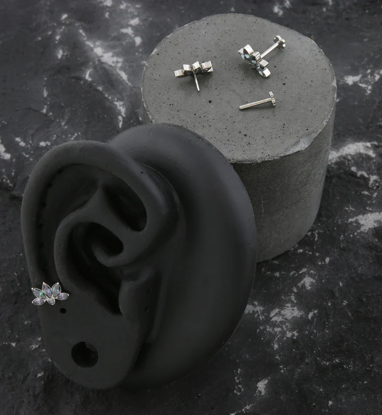 Lotus Flower Black Aurora CZ Threadless Titanium Flower Back Labret - Image 2